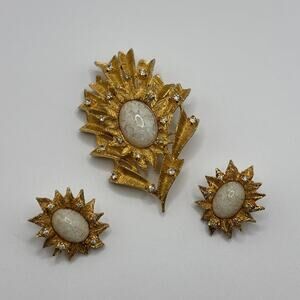 Vtg Mid Century POLCINI Starburst Opal Cabochon Gold Tone Earring & Brooch Set